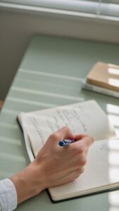 Hand skriver anteckningar i en öppen spiralbunden anteckningsbok